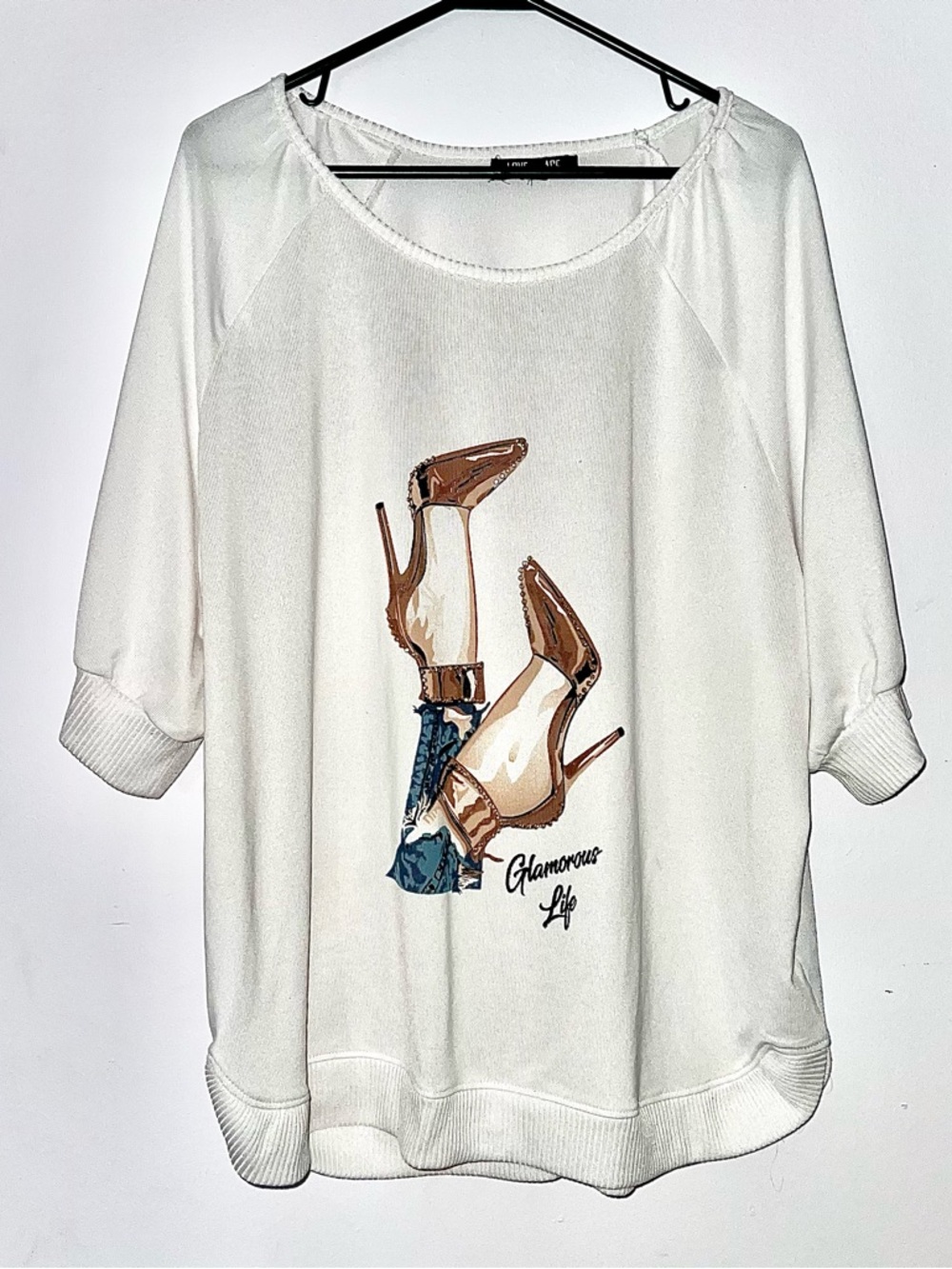 LOVE & LACE Women Plus Size 3X Puff Sleeve Pullover Heels Graphic Top W/ Sequins